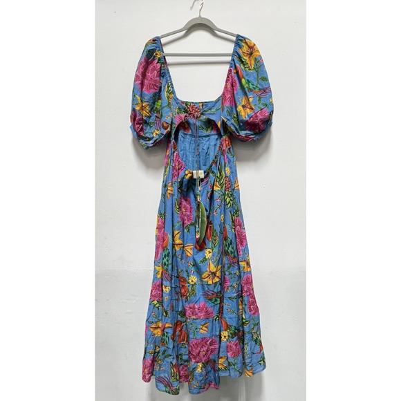 FARM RIO Toucans Garden Midi Dress In Blue Size XS Puff Sleeve Multicolor NEW - Picture 2 of 14